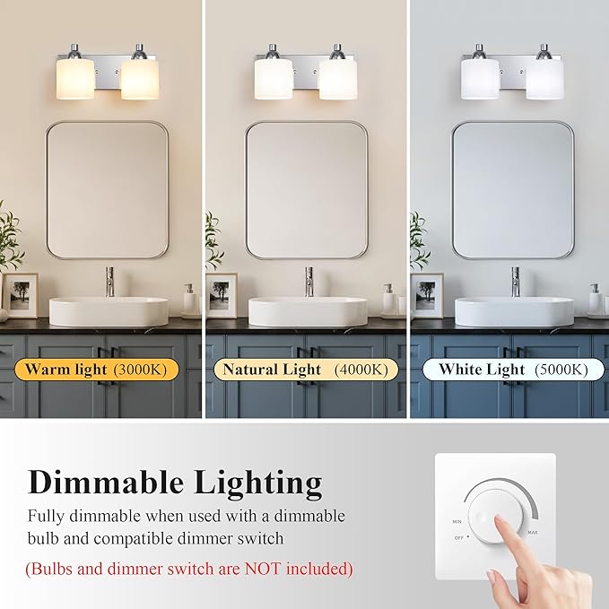 Stainless Steel Milk Glass Vanity Lights for Bathroom, 2 Light Polished Chrome Bathroom Light Fixtures Over Mirror, Ceramic E26 Sockets Wall Mounted
