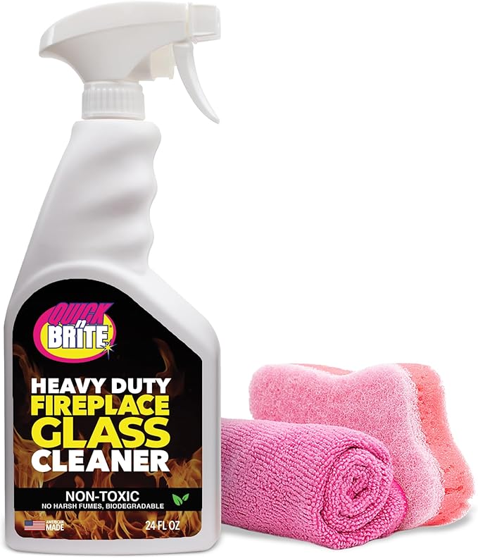 Quick N Brite Fireplace Glass Cleaner 24oz, with Sponge and Microfiber Towel