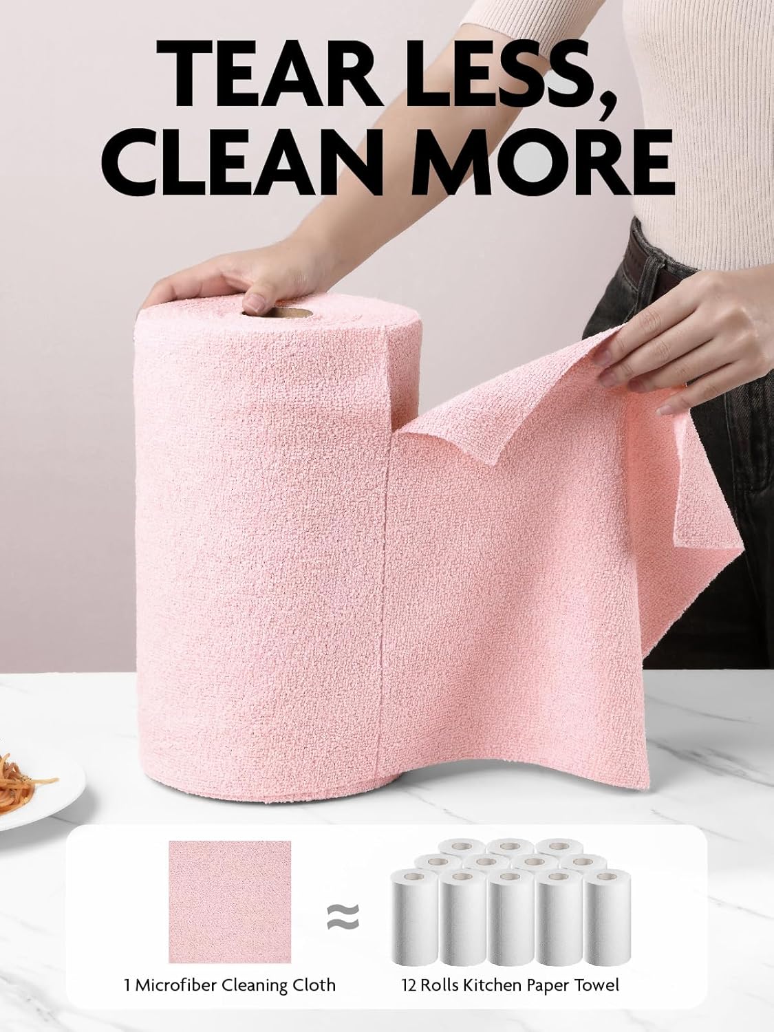 Fantasticlean Microfiber Cleaning Cloth Roll -675 Pack, Tear Away Microfiber Towels, 12" x 12", Reusable, Washable, Ultra Absorbent Dishcloth for Home Supplies, Car, Shop (9 Rolls of Pink)