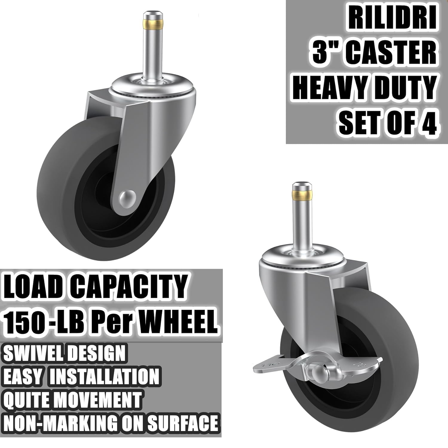 3-Inch Swivel Stem Caster for Rubbermaid Mop Bucket Utility Cart, 7/16-Inch Stem Diameter Rubber Wheel Set of 4, Heavy Duty TPR Weber Grills Shop Vac Replacement Wheels