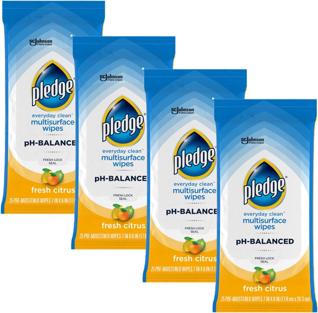 Pledge Multisurface Cleaning Wipes, pH Balanced, Fresh Citrus, 25 Count (Pack of 4, 100 Total Wipes)