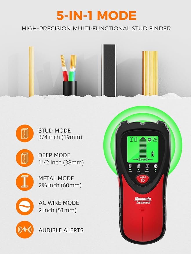Mecurate 5-in-1 Stud Finder with LCD Display, Wall Scanner for Studs, Metal, AC Wires Detection, Lightweight & Durable, Perfect for Homeowners & DIY Projects(Red)