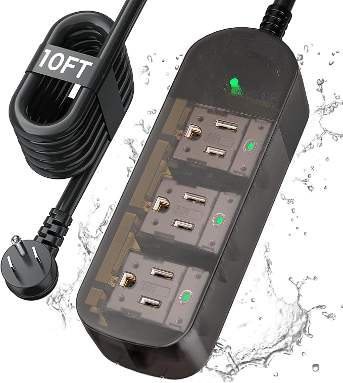 Outdoor Power Strip Weatherproof, Transparent IPX6 Waterproof Surge Protector with 3 Wide Outlets, 1625W/13A, 10FT Extension Cord, Wall Mountable for Indoor Outdoor, UL FCC Listed