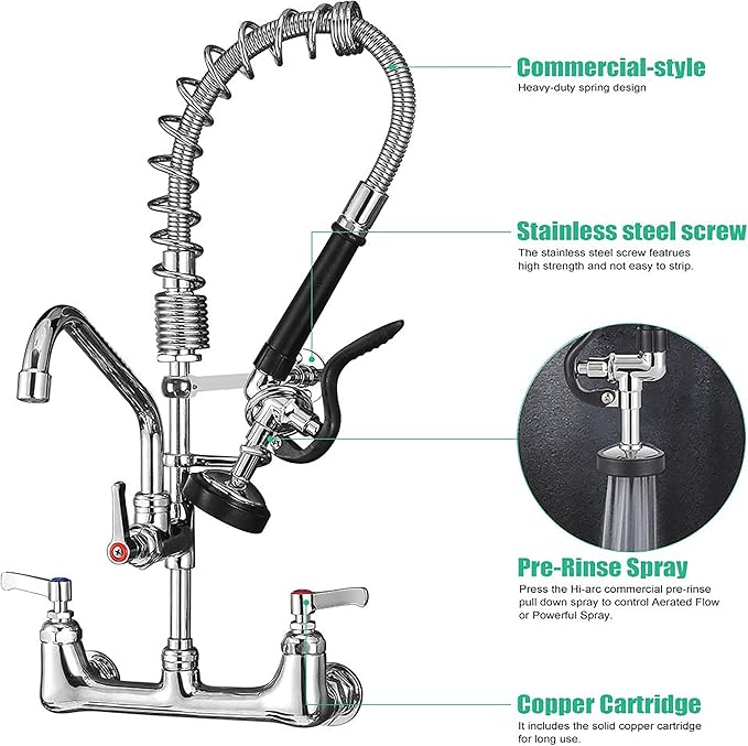 Commercial Faucet with Sprayer 21" Height 8" Center Wall Mount Kitchen Sink Faucet Brass Constructed Polished Chrome Pre-Rinse Device with Spring and 8" Add-on Spout