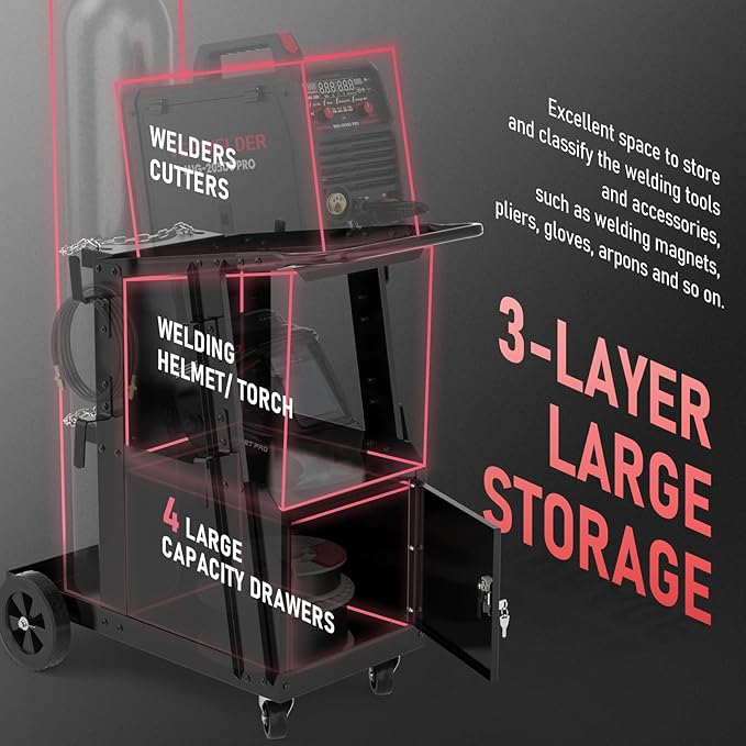 YESWELDER Welding Cart with Large Capacity Lockable Cabinet, for MIG/TIG/Stick Welders and Plasma Cutters, Heavy Duty 360° Swivel Wheels Welding Trolley