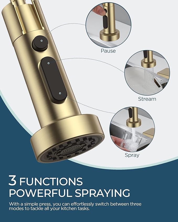 FORIOUS Kitchen Faucet with Soap Dispenser, Gold Stainless Steel Single Handle Modern Spring Commercial Sink Faucet with Pull Down Sprayer for Laundry & Utility Room RV Camp Bar Farmhouse