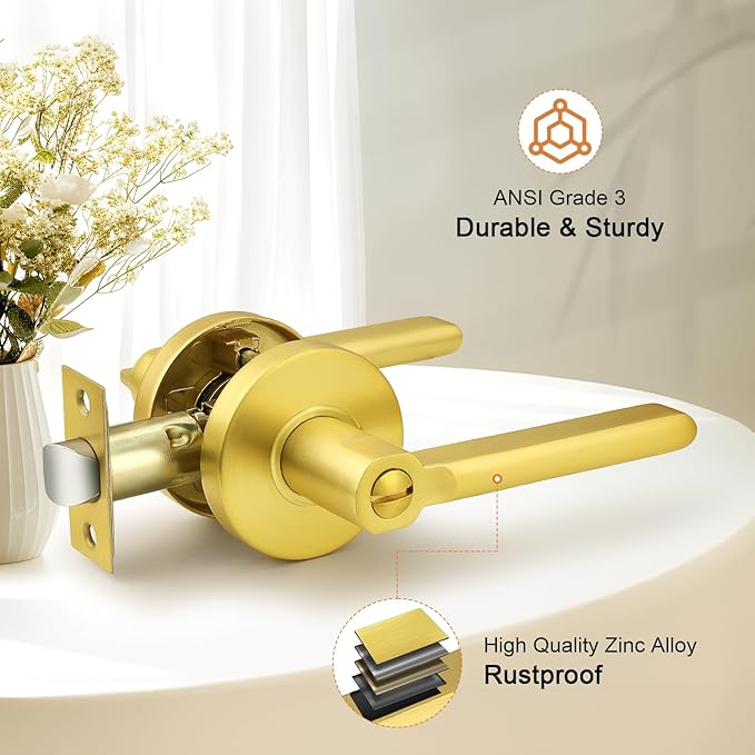 Probrico Privacy Door Handle Interior Gold Door Lever, Gold Door Handles Interior for Bedroom Bathroom, Wave Style Door Handle Reversible, 2 Pack