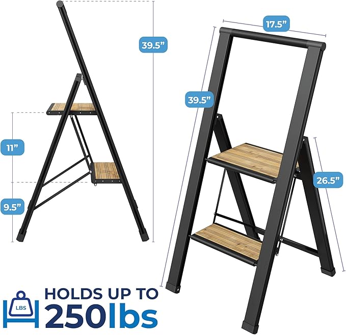 Step Ladder 2 Step Folding, Decorative - Beautiful Bamboo & Black Aluminum, Ultra Slim Profile, Anti Slip Steps, Sturdy-Portable for Home, Office, Kitchen, Photography Use,by SORFEY