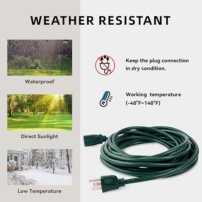 50ft Outdoor Extension Cord for Christmas Decorations- 16/3 Heavy Duty SJTW Waterproof Green Electrical Cable with 3 Prong Grounded Plug for Safety, Great for Lawn and Major Appliances