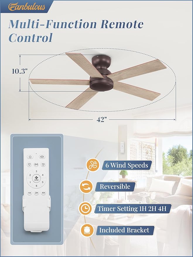 42 Inch Low Profile Ceiling Fan no Lights, Brown Farmhouse Ceiling Fan with Remote, 6-Speeds, Quiet Reversible DC Motor, Indoor/Outdoor Ceiling Fans with Remote for Bedroom, Patio, Living Room