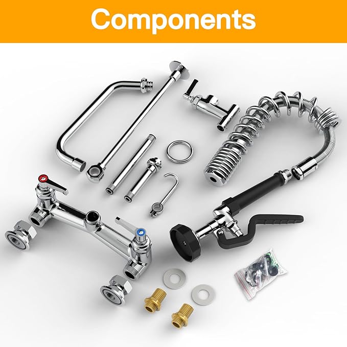 Commercial Sink Faucet with Sprayer 21" Height 8"Center Brass Constructed Wall Mount Commercial Kitchen Faucet with Pull Down Pre-Rinse Sprayer and 8" Swing Spout for 1/2 Compartment Sink（21"）