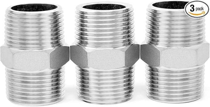 ChillWaves 304 Stainless Steel Pipe Fitting, Hex Nipple 3/4" NPT Male x 3/4" NPT Male Thread Adapter(3-PACK)