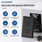 ELEGRP Decorator Receptacle, 15A 125V Standard Electrical Wall Outlet, 2 Pole 3 Wire, Non-Tamper Resistant, NEMA 5-15R, Self-Grounding Residential Grade, w/Wall Plate, UL (Glossy Black, 50 Pack)