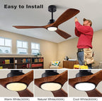 52" Wood Ceiling Fan with Lights Remote Control,Quiet DC Motor 3 Blade Ceiling Fans for Patio Living Room, Bedroom, Office,Indoor Outdoor(Black+Dark Walnut)