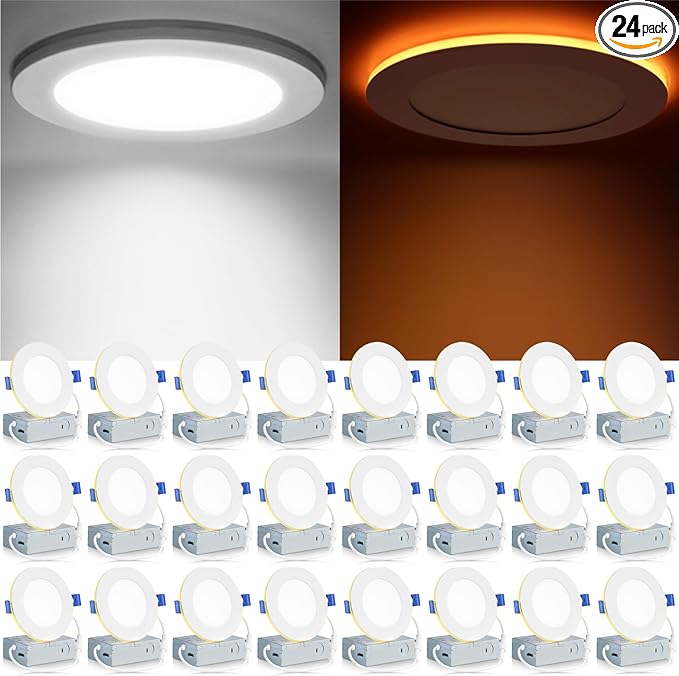 Meconard 24 Pack 4 Inch 5CCT LED Recessed Ceiling Light with Night Light, 2700K/3000K/3500K/4000K/5000K Selectable Ultra-Thin Recessed Lighting, 9W=75W, 750LM, Dimmable Canless Wafer Downlight ETL&FCC