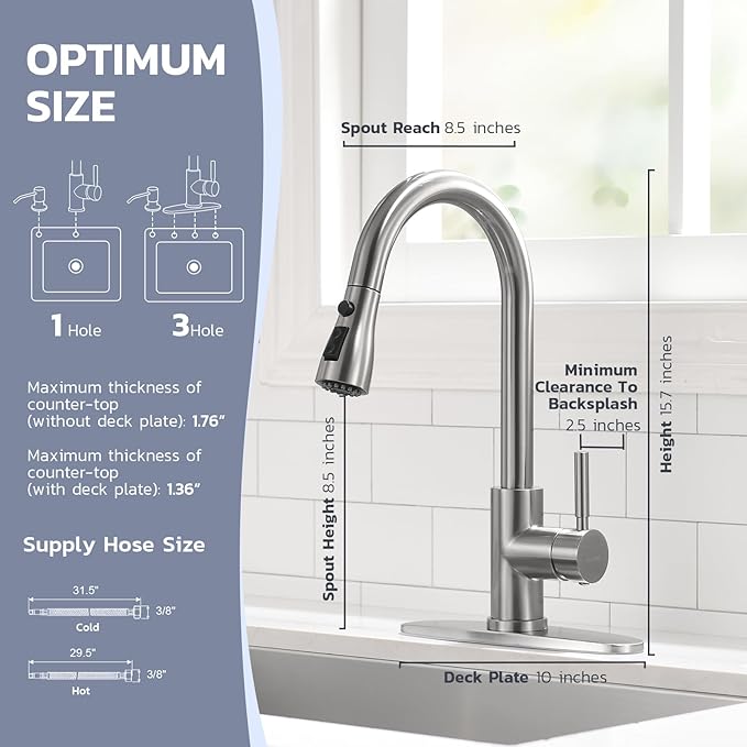 WEWE Kitchen Sink Faucet with Soap Dispenser, Kitchen Faucet with Pull Down Sprayer 3 Modes Stainless Steel Single Handle Single Hole Pull Out Brushed Nickel Faucet for Bar Laundry RV Utility Sink