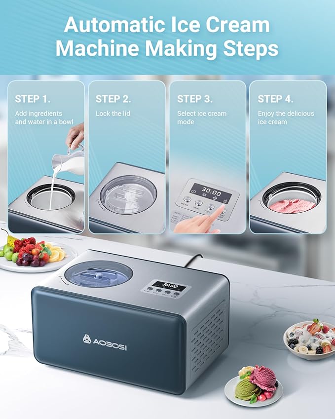 AAOBOSI Electric Ice Cream Maker with Compressor, Ice Cream Maker Machine No Pre Freezing, Ice Cream Machines for Home, Small Homemade Gelato Maker with 4 Modes, 1.61 Quart