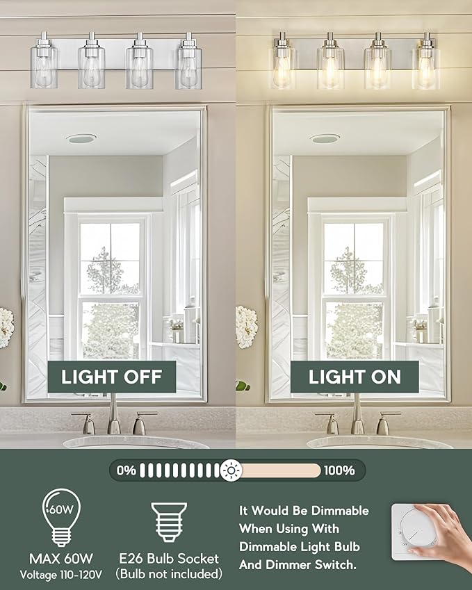 4-Light Bathroom Light Fixtures, Brushed Nickel Vanity Light with Cylinder Clear Glass Shade, Modern Vanity Lighting Fixtures Over Mirror, VL143-BN-4