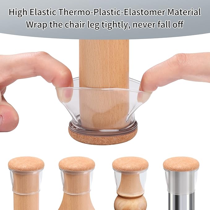 Ezprotekt 8 Pcs Extra Large Chair Leg Protectors with Felt, Silicone Felt Furniture Pads, Floor Protectors for Chair, Bar Stools Leg Protectors Caps, Table Leg Cups Covers (XL Fit: 1.4"-1.65", Clear)