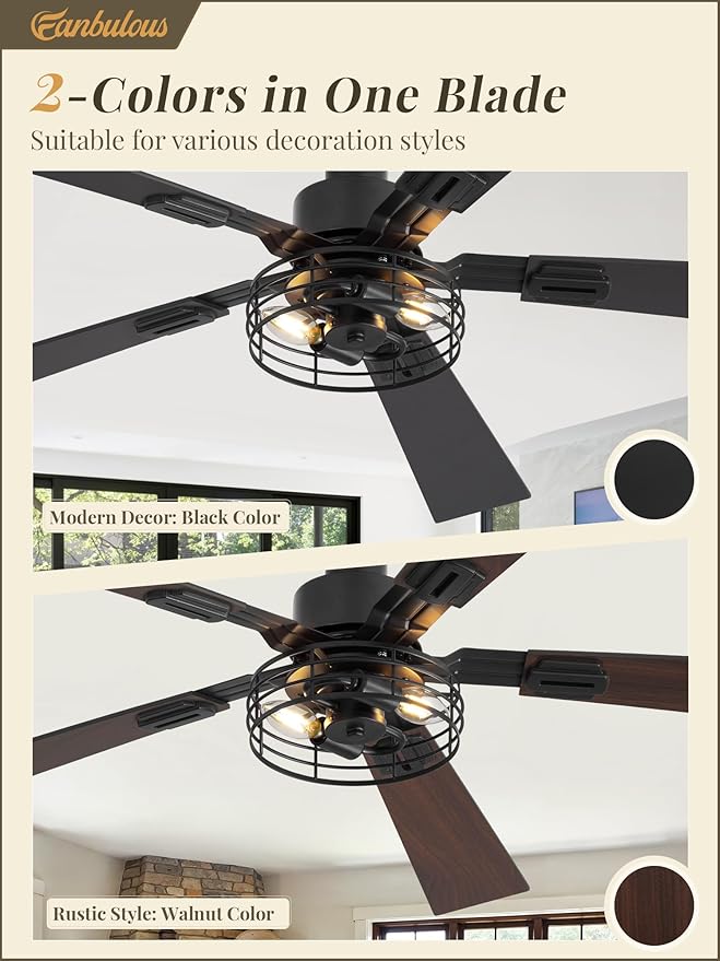 2 Pack Farmhouse 48 Ceiling Fans with Lights, Industrial Caged Ceiling Fans for Bedroom Living Room, Double-Sided 5 Blades Rustic Ceiling Fan-Black