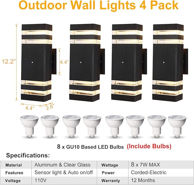Dusk to Dawn Sensor Outdoor Wall Lights 4 Pack, Up and Down Lights Outdoor Wall Sconces, Aluminum Waterproof Outside Lights for House Porch Hallway Patio Garage