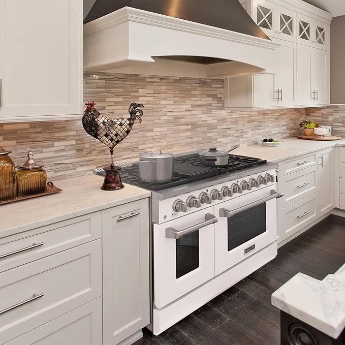 Akicon 48 Inch Freestanding Gas Range - 6.7 cu. ft. Double Rapid Convection Gas Oven - Gas Stove with 8 Sealed Burners & a Griddle, Heavy Duty Cast Iron Grates (White & Stainless Steel)