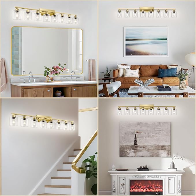 Modern Brushed Gold 8 Light Bathroom Light Fixtures, 52 inch Vanity Lights for Bathroom with Clear Glass for Mirror Kitchen Living Room Hallway Cabinet Porch