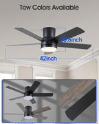 42 Inch Black Ceiling Fan with Light Flush Mountand Remote Control,Dimmable 3 Color Temperatures LED Ceiling Fan,6 Speeds Reversible DC Motor,5 Blades Modern Ceiling Fans for Indoor or Covered Outdoor
