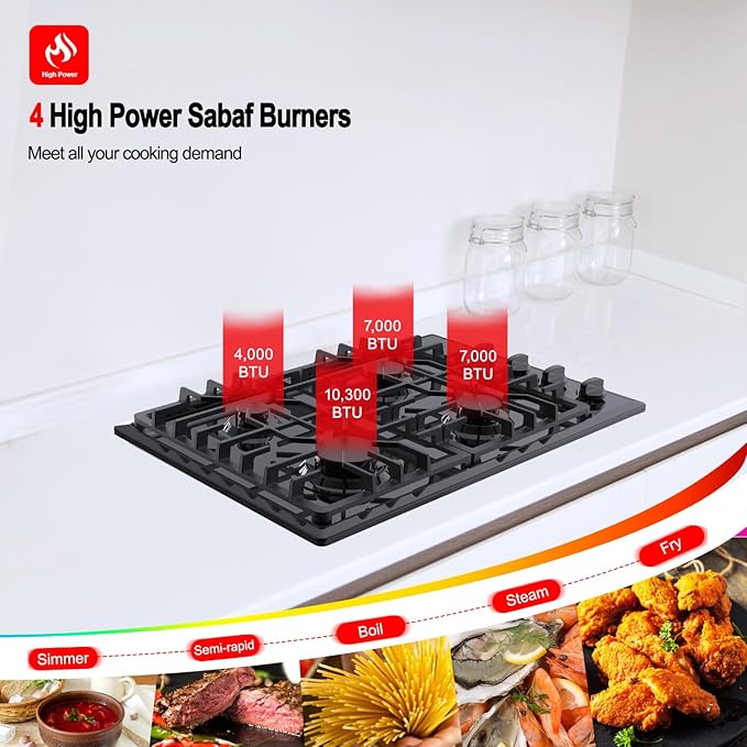 GASLAND 30 Inch Gas Cooktop Black, 4 Sabaf Sealed Burner Gas Stovetop, 4 ft Cord Plug, Heavy Duty Cast Iron Grates with Metal Knobs, 28,300 BTU NG/LPG Convertible