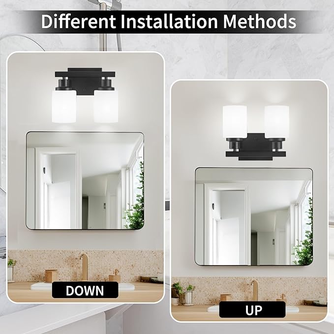 Bathroom Light Fixtures Over Mirror, 2-Light Modern Matte Black Vanity Lights with White Frosted Glass Shade, Bathroom Wall Lamp Sconces for Mirror Bedroom, Living Room Hallway Small Space