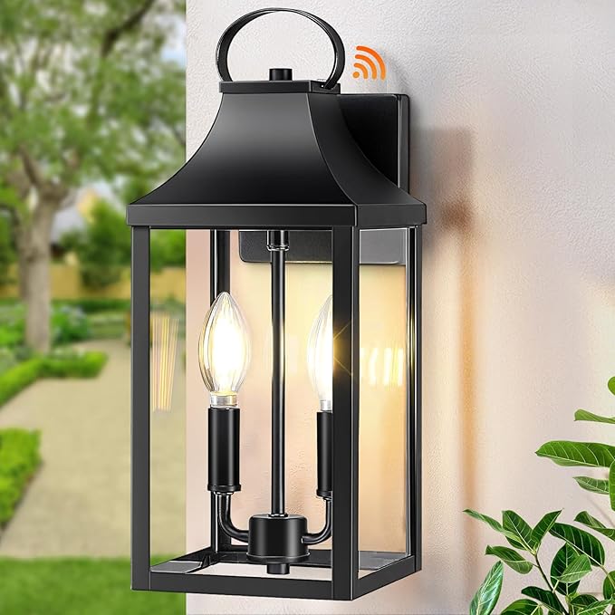 15" Dusk to Dawn Black Outdoor Wall Lantern 2-Light, Outside Modern Wall Sconce Light Fixture, Industrial Porch Light with E12 Sockets, Waterproof Exterior Lamp Lighting, Black