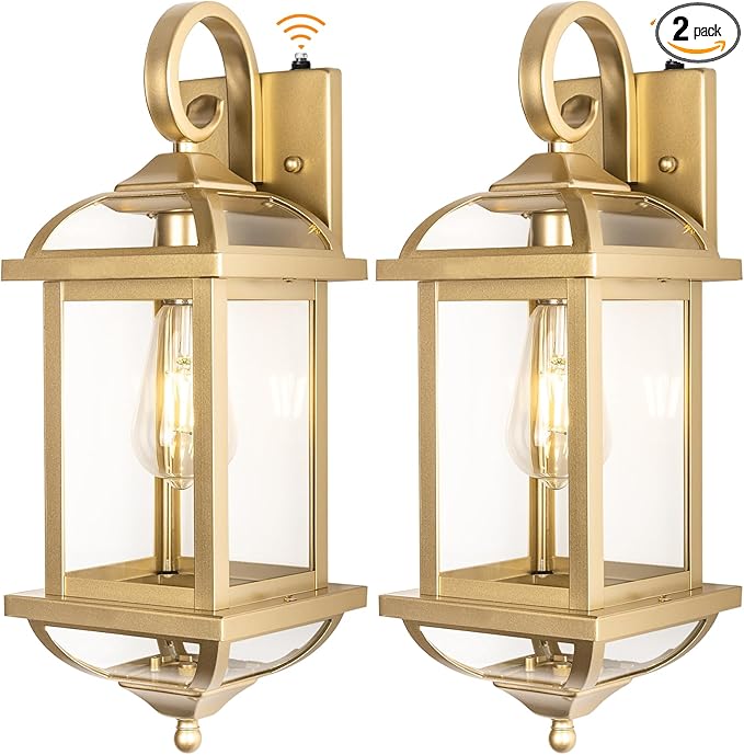 Large Dusk to Dawn Golden Outdoor Sconces 2-Pack, Anti-Rust Aluminum Brass Outdoor Light Fixtures Enclosed Bottom Exterior Lighting Wall Scones IP65 Waterproof Outside Wall Lanterns