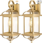 Large Dusk to Dawn Golden Outdoor Sconces 2-Pack, Anti-Rust Aluminum Brass Outdoor Light Fixtures Enclosed Bottom Exterior Lighting Wall Scones IP65 Waterproof Outside Wall Lanterns