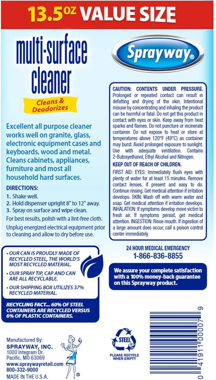 Sprayway SW007R Multi-Purpose Cleaner, Cleans & Deodorizes, for Granite, Glass, Wood, and Metal, 13.5 Oz (Pack of 2)