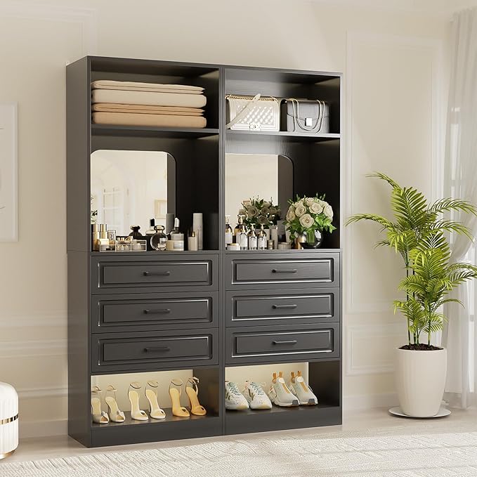 Unikito 50" Freestanding Closet System with 6 Drawers, 4FT Closet Organizer Wardrobe with Storage Shelves and Mirror, Heavy Duty Wood Walk-in Closet Towers for Bedroom, Max Load 1000 LBS, Black