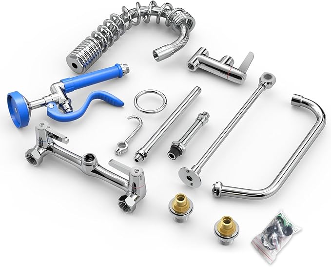 Commercial Faucet with Sprayer 25" Height 8" Adjustable Center 10" Swing Spout,Brass Constructed Wall Mount Kitchen Sink Faucet with Pull Down Pre-Rinse Sprayer for 1/2/3 Compartment Sink