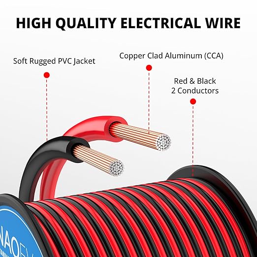 NAOEVO 12 Gauge Wire 100FT, 2 Conductors Electrical Wire Red Black Cable, Flexible/Low Voltage/PVC 12 AWG Copper Clad Aluminum Extension Cord for Speaker, LED Strips, Automotive 12V/24V DC