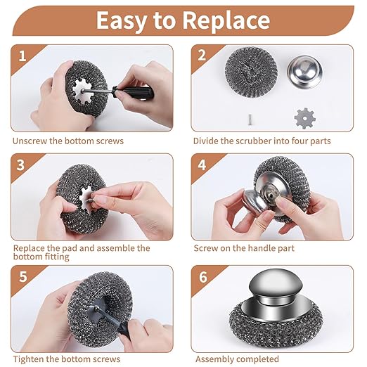 6PCS Steel Wool Scrubber Wire Sponge Set, Barbecue Grill Cleaning Scrubber Pads, Stainless Steel Scrubber Replacement for Scouring Messes from Cast Iron, Pots, Pans, Grill, Stoves, Sink (6 Pads)