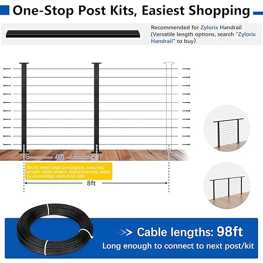 36" Expandable 2-8FT Black T304 Cable Railing Post Kit, Complete Cable Railing System with 2 Level Posts & 98ft 1/8" Wire Rope(No Handrail), Adjustable Length Easy DIY for Decks/Porch