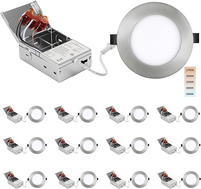 4-inch LED Recessed Lights - Slim Recessed Ceiling Light with Junction Box, 9W 5CCT Canless Lighting Fixture, Dimmable, Easy Install for Bedroom, Kitchen, Living Room, 12 Pack, Brushed Nickel