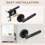 4 Pack Passage Knurled Door Handle Interior, Matte Black Door Lever for Closet and Hallway Doors, Modern Round Reversible Non-Locking Handle Lever