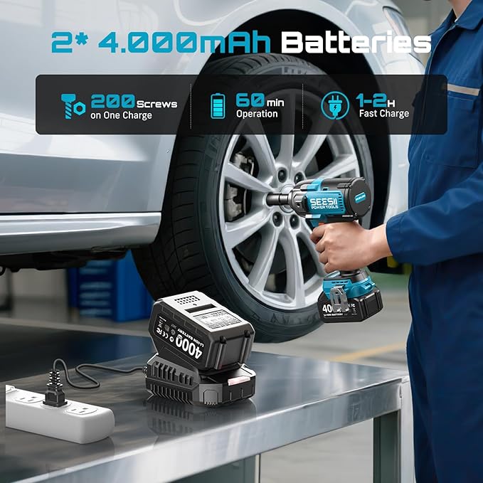 Seesii [Upgraded] Impact Wrench 1180 Ft-lbs (1600 N·m): 1/2" High-Torque Impact Gun with Detachable Handle, 21V Cordless Impact Driver 2x 4.0Ah Batteries for Car/Pickup Truck/Mower/Industrial Tasks