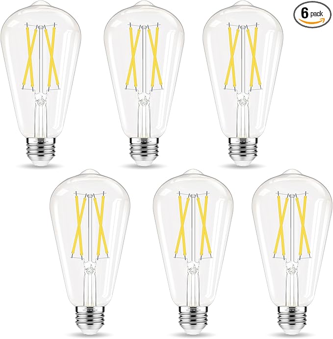 Edison Bulbs, E26 LED Bulb 60 watt Equivalent, Non-Dimmable, 4000K Daylight White, ST58 Vintage Light Bulbs, 90+ CRI, 6W 600LM, E26 Medium Base, Clear Glass, 6 Pack