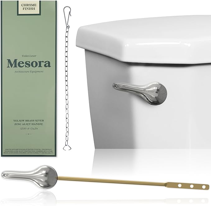 Mesora Universal Metal Front Mount Toilet Handle Replacement Kit with Flapper Chain, Pure Brass and Aluminum, Compatible with Most Toilets - Chrome