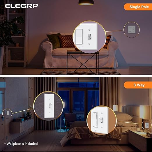 ELEGRP Digital Toggle Dimmer Switch for Dimmable LED, CFL and Incandescent Light Bulbs, Single Pole or 3-Way Toggle LED Dimmer Light Switch, Wall Plate Included, UL Listed, 2 Pack, White