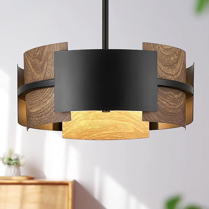 Industrial Drum Chandeliers, Modern Black Metal Pendant Lighting Walnut Wood Grain 4-Ligth Semi Flush Mount Chandelier 12" for Foyer Entryway Kitchen Hallway Dining Room