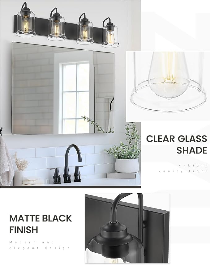 zeyu Modern Bathroom Light Fixtures, 4 Light Vanity Lighting, 28.5' Bathroom Mirror Wall Light, Matte Black Finish with Clear Glass Shade, ZSL72B-4W BK