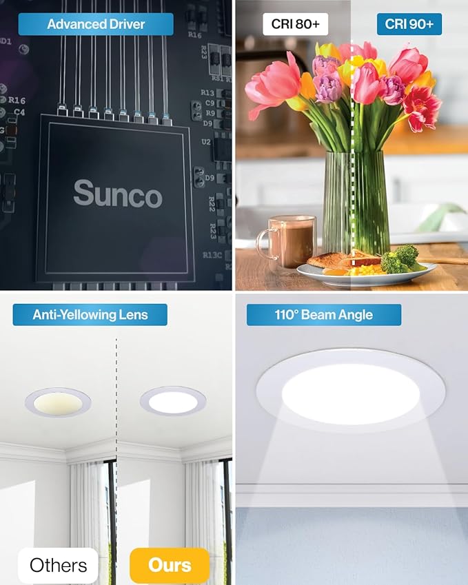 Sunco 24 Pack 4 Inch LED Recessed Lights, Canless Ceiling Light Slim, 650 LM, 10W, Selectable CCT 2700K/3000K/4000K/5000K/6000K, Dimmable, Wafer Thin, with Junction Box ETL