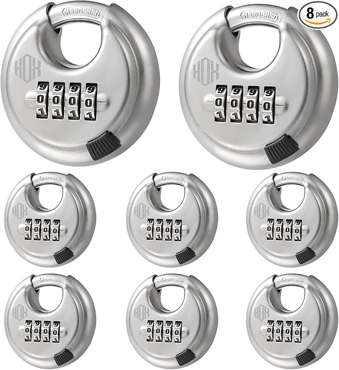 HOX Combination Lock, 4 Digit Disc Padlock with 3/8 Inch Hardened Steel Shackle, 2-3/4 Inch Wide Body, Keyless Heavy Duty Combo Lock for Hasp Latch, Sheds, Fences, Storage Locker (8 Pack)