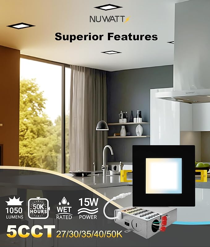 NUWATT 12 Pack 6 Inch Square Ultra-Thin LED Recessed Lighting, Selectable 2700K/3000K/3500K/4000K/5000K, High Brightness 1050 Lumens, Dimmable Black Slim Wafer Light, IC Rated, Metal Junction Box
